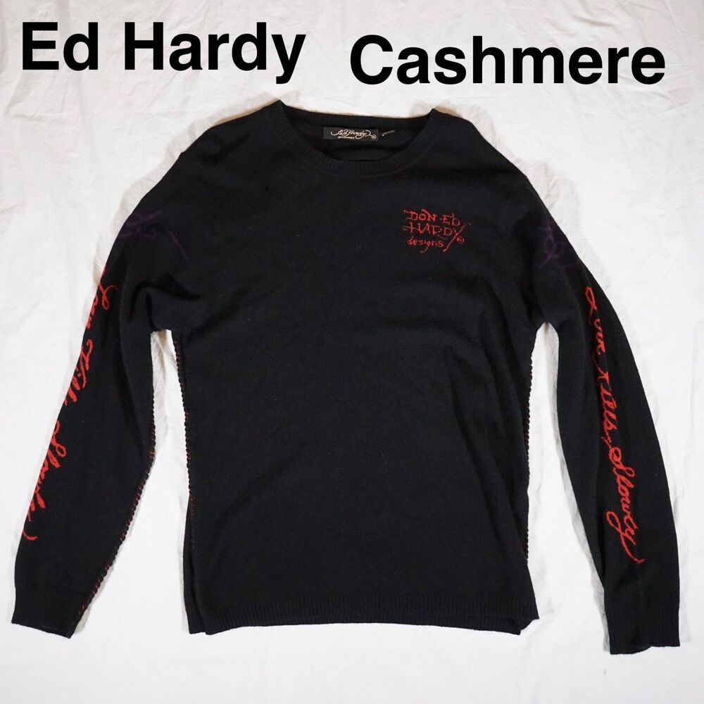 Ed Hardy Cashmere Sweater “Love Kills Slowly” Graphic XL Holes see Photos